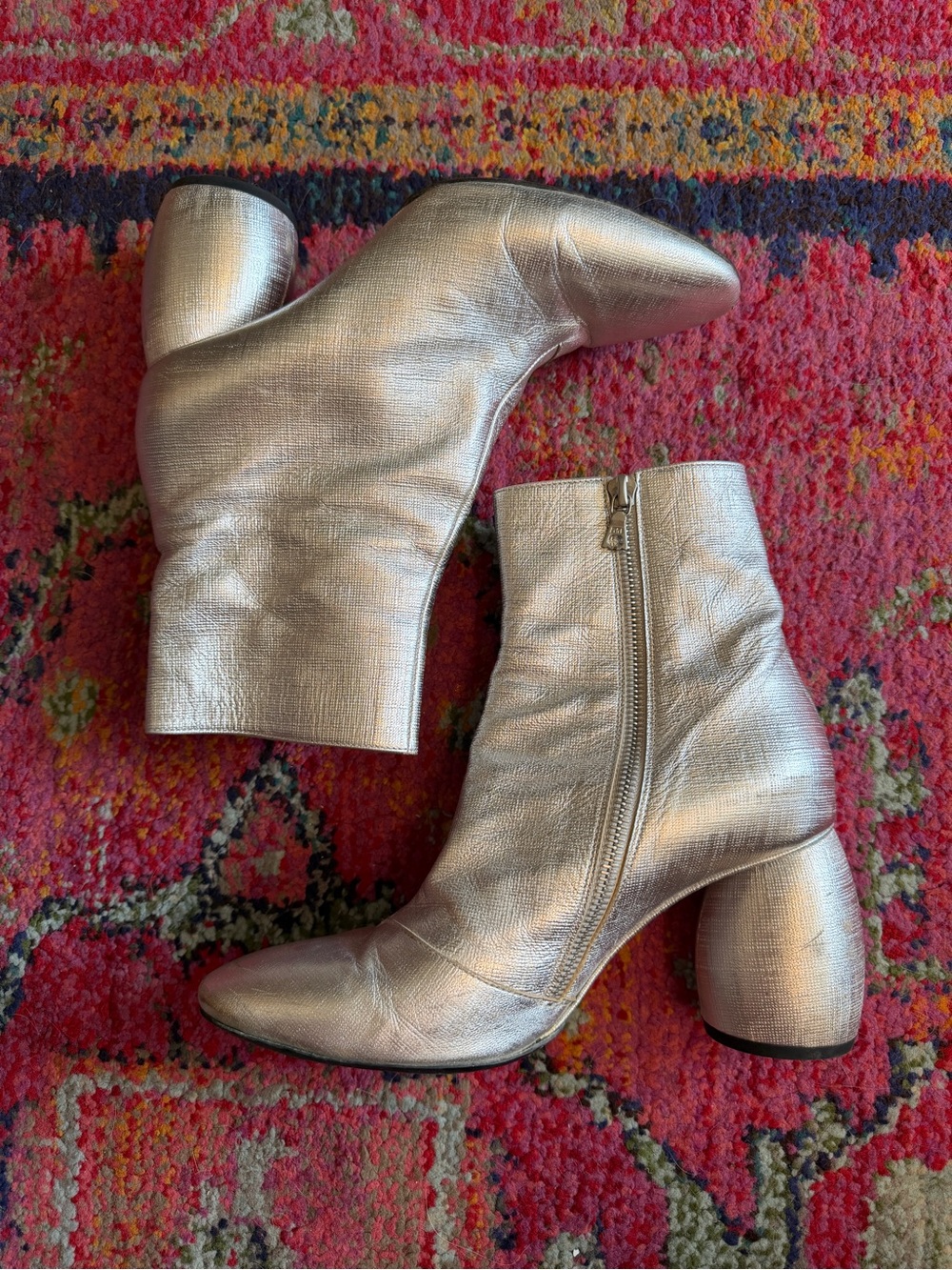 Dries Van Noten Metallic Silver Women's Sculptural Block Heel Ankle Boots sz 39